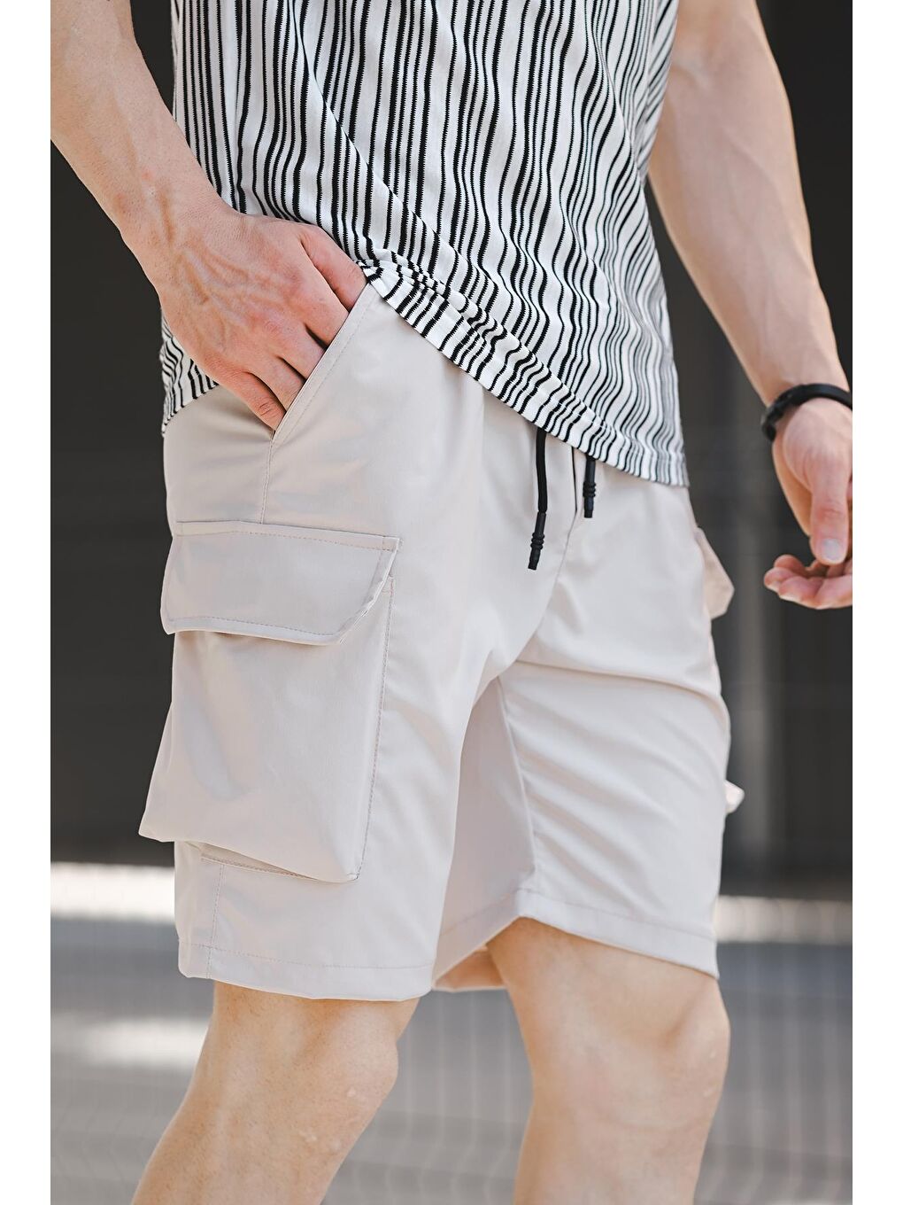 Bej Doriana Reflektörlü Kort Paraşüt Kumaş Kargo Cep Erkek Şort-3