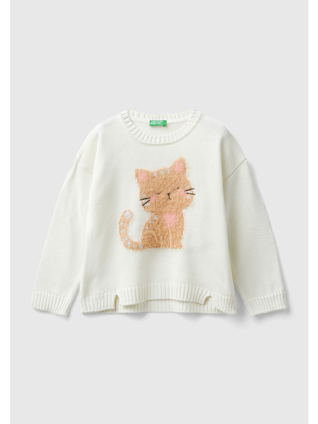 Kız Çocuk Ekru Kedi Yavrusu Desenli Etek Ucu Detaylı Bisiklet Yaka Kazak