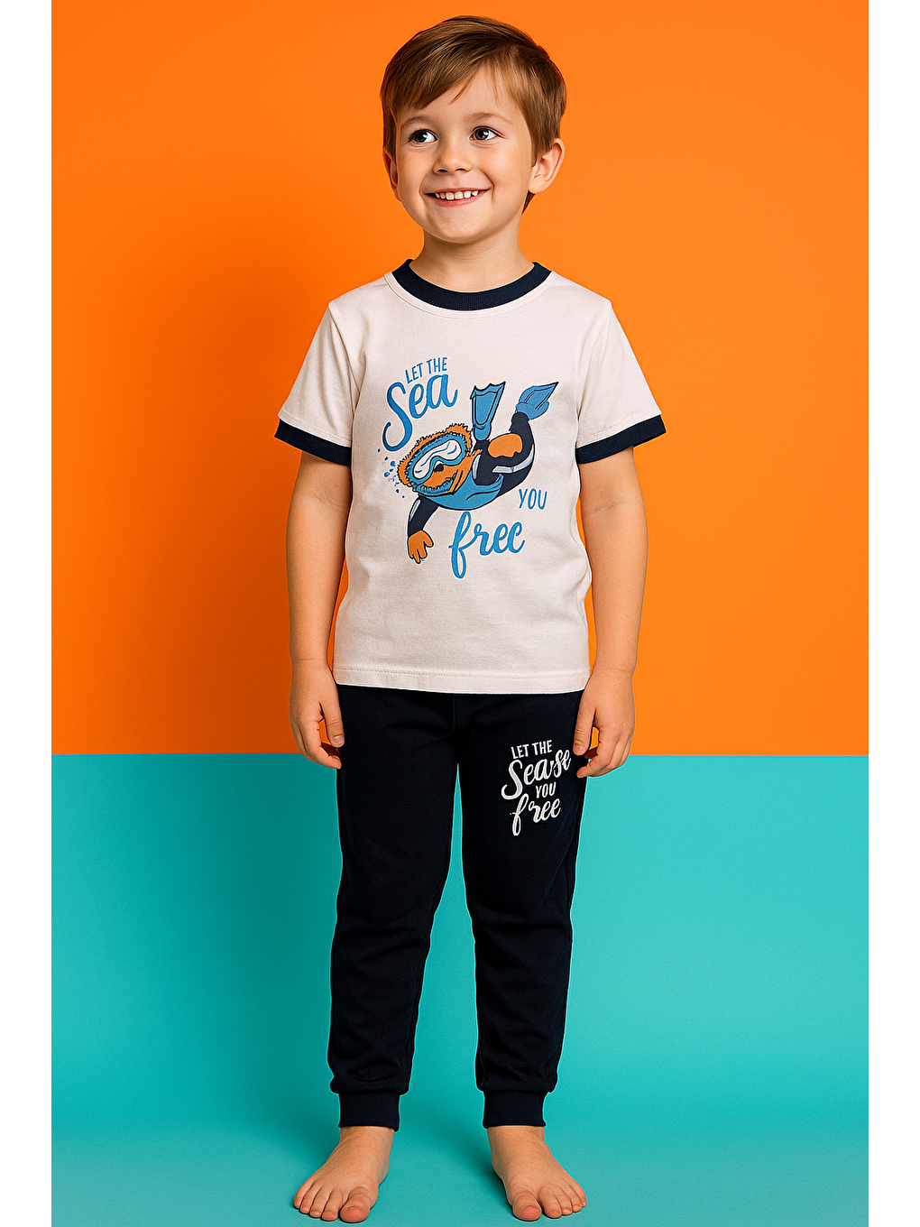 Karışık Erkek Çocuk Yüzen Ayıcık Desenli Kısa Kollu Pijama Takımı-1