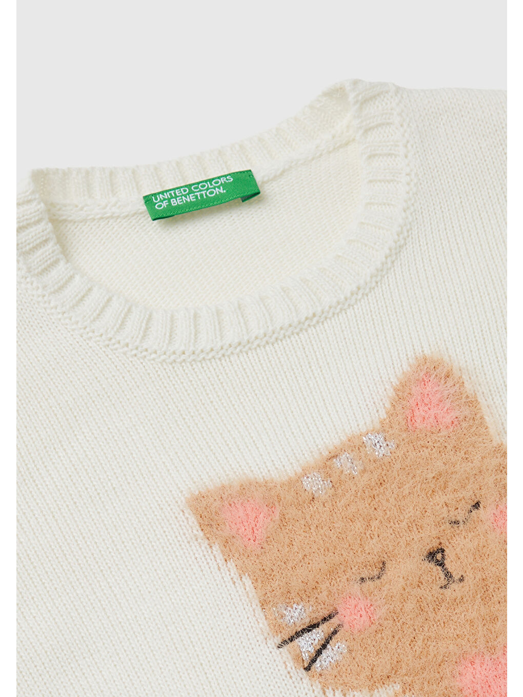 Kız Çocuk Ekru Kedi Yavrusu Desenli Etek Ucu Detaylı Bisiklet Yaka Kazak-2