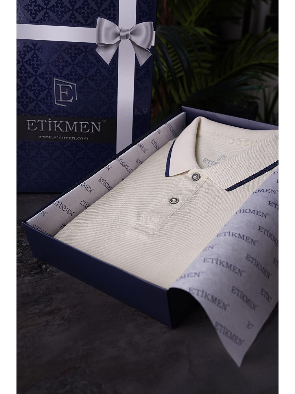 Bej Lacivert Yaka Çizgili Erkek Polo Yaka %100 Pamuk Tişört-3