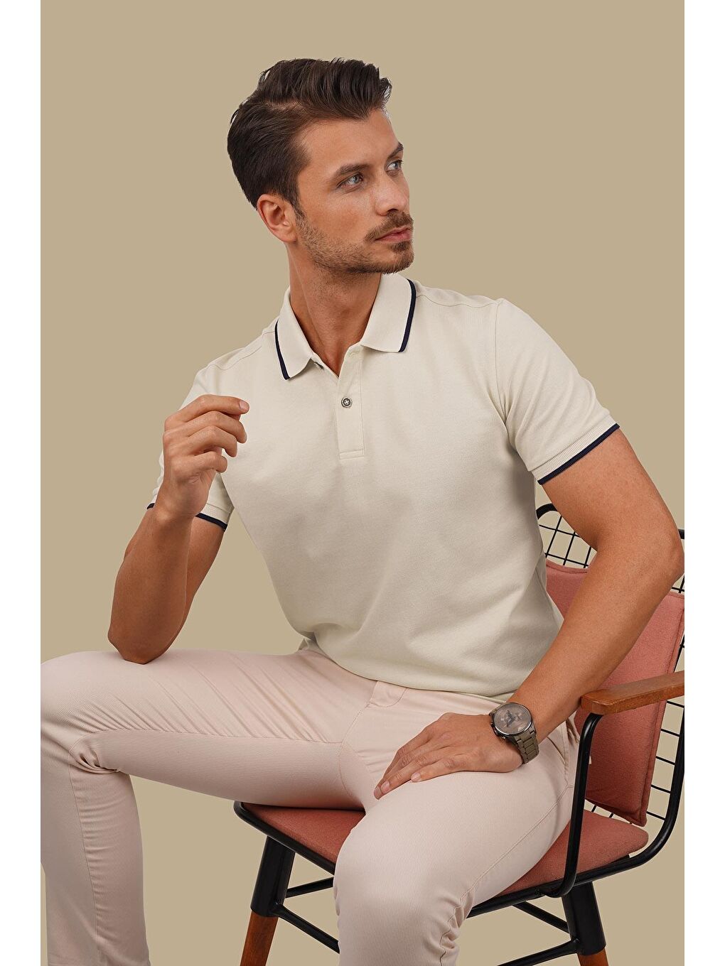 Bej Lacivert Yaka Çizgili Erkek Polo Yaka %100 Pamuk Tişört-6