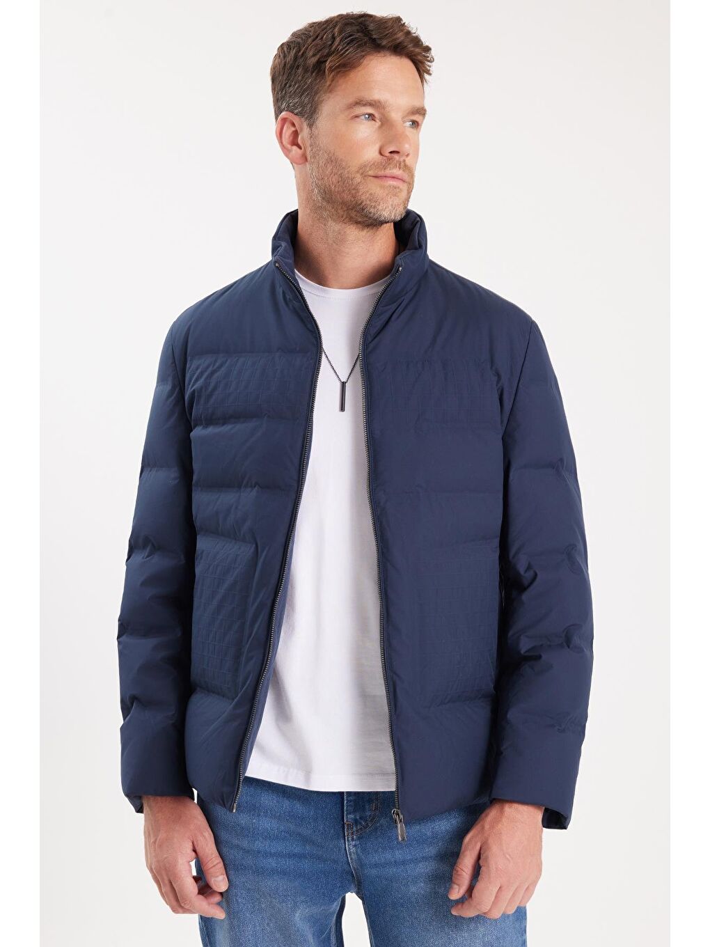 Erkek Regular Fit Normal Kesim Kaz Tüyü Çift Cepli Fermuarlı Sıcak Tutan Lacivert Mont-4