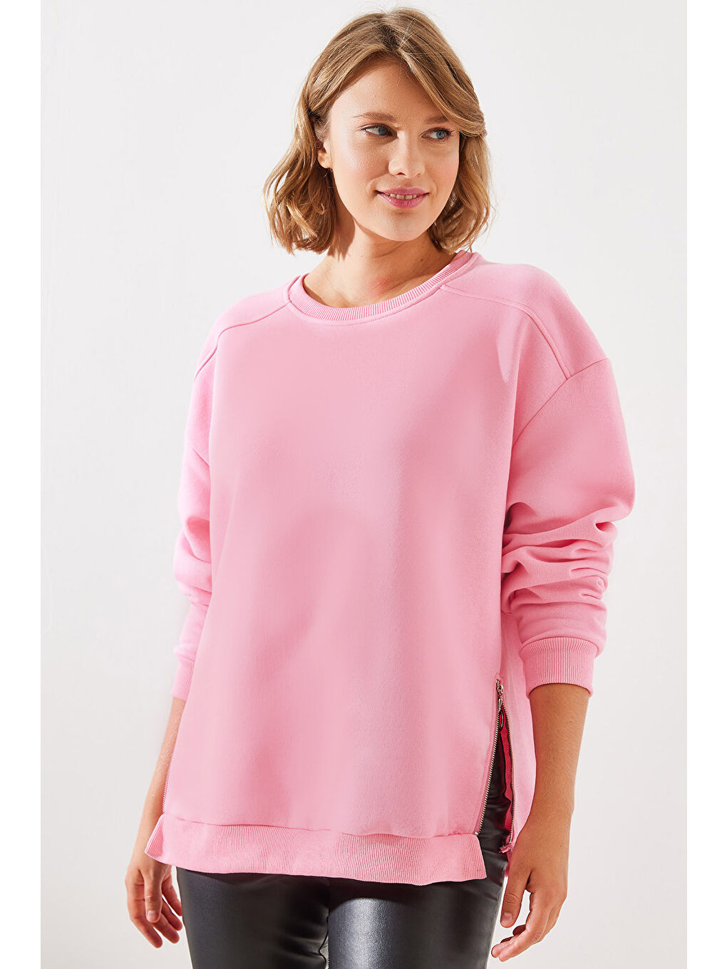 SHADE Pembe Kadın Bisiklet Yaka Şardonlu Fermuar Detaylı Basic Sweatshirt