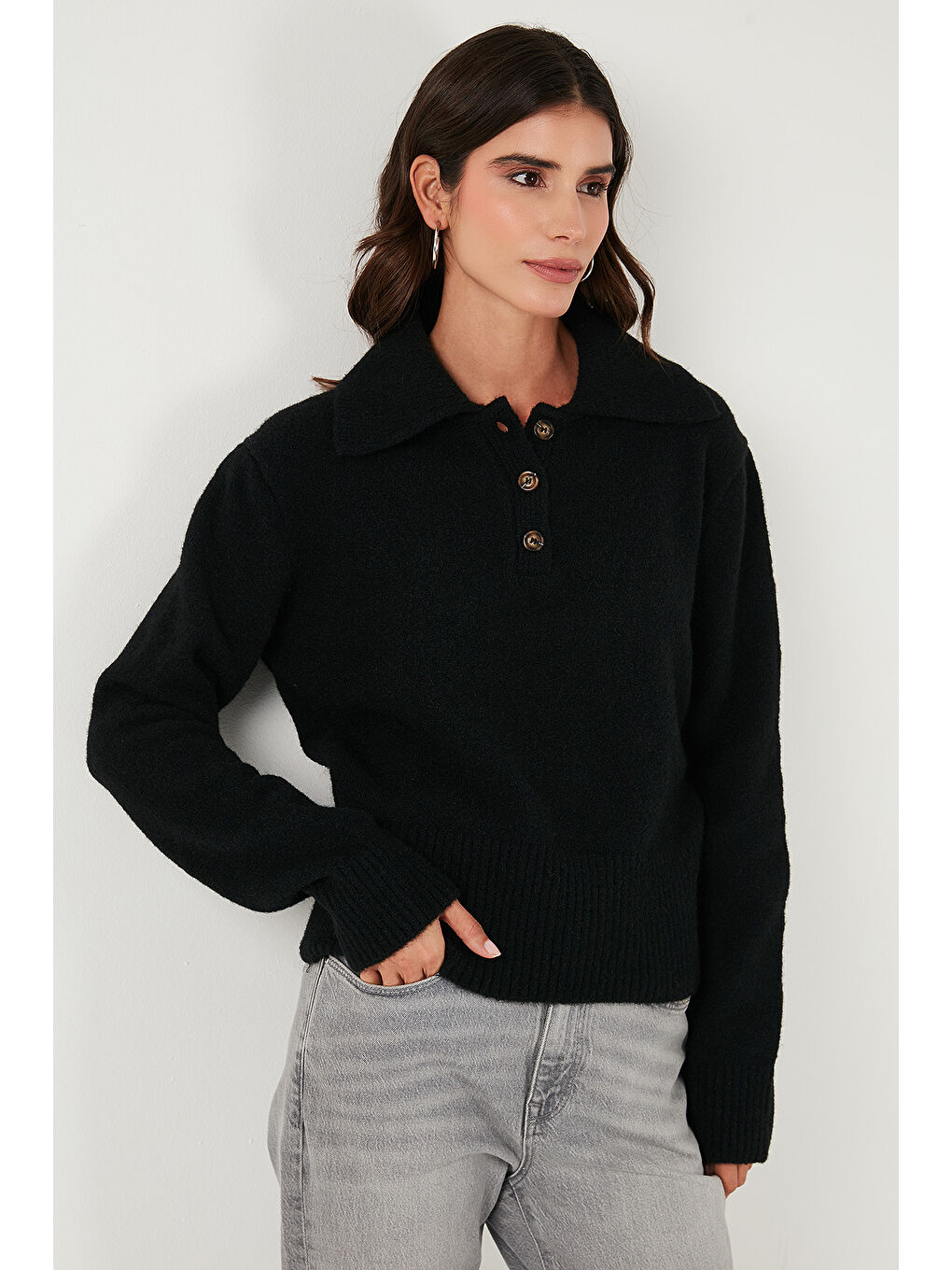 Siyah Yün Karışımlı Regular Fit Düğmeli Polo Yaka Kazak 4617019-2