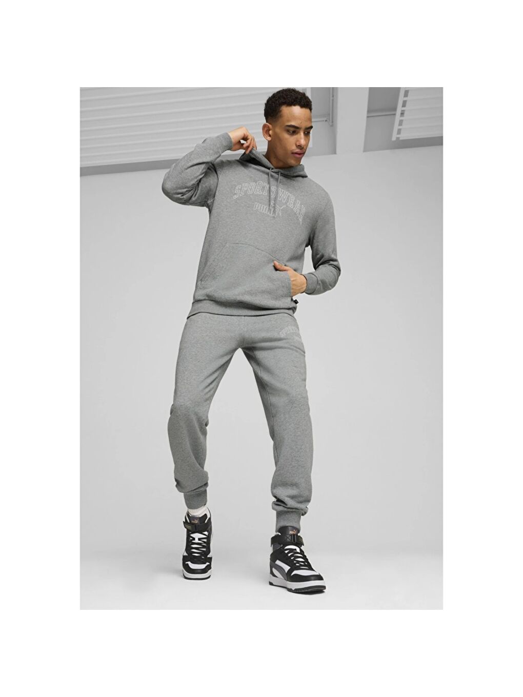 Ess Logo Lab Erkek Gri Kapüşonlu Sweatshirt-1