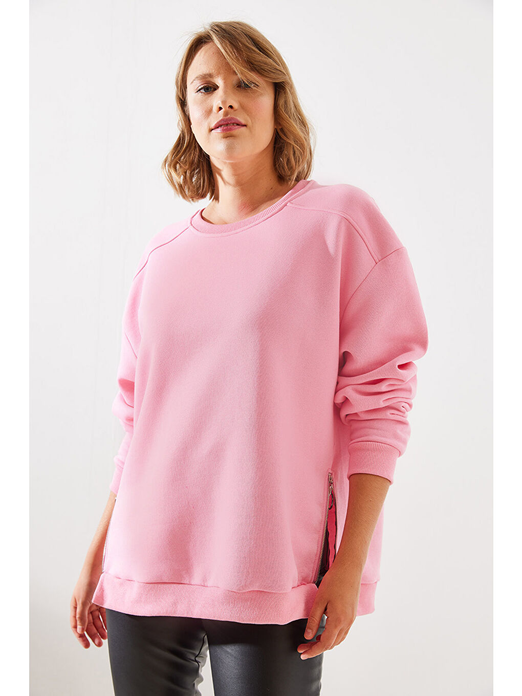 SHADE Pembe Kadın Bisiklet Yaka Şardonlu Fermuar Detaylı Basic Sweatshirt - 2