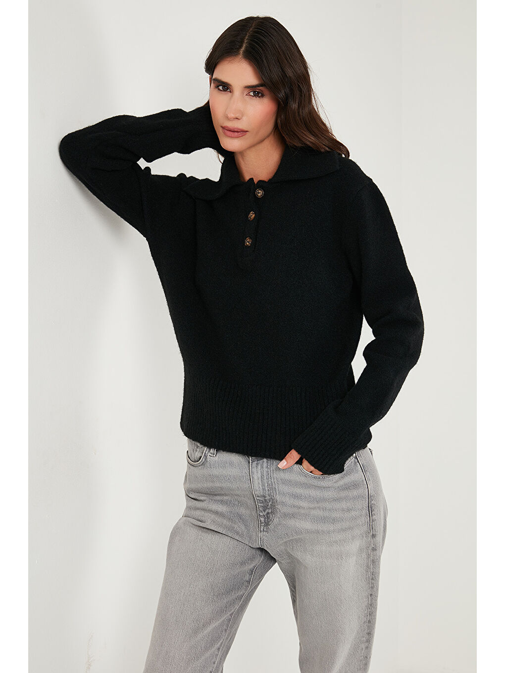 Siyah Yün Karışımlı Regular Fit Düğmeli Polo Yaka Kazak 4617019-3