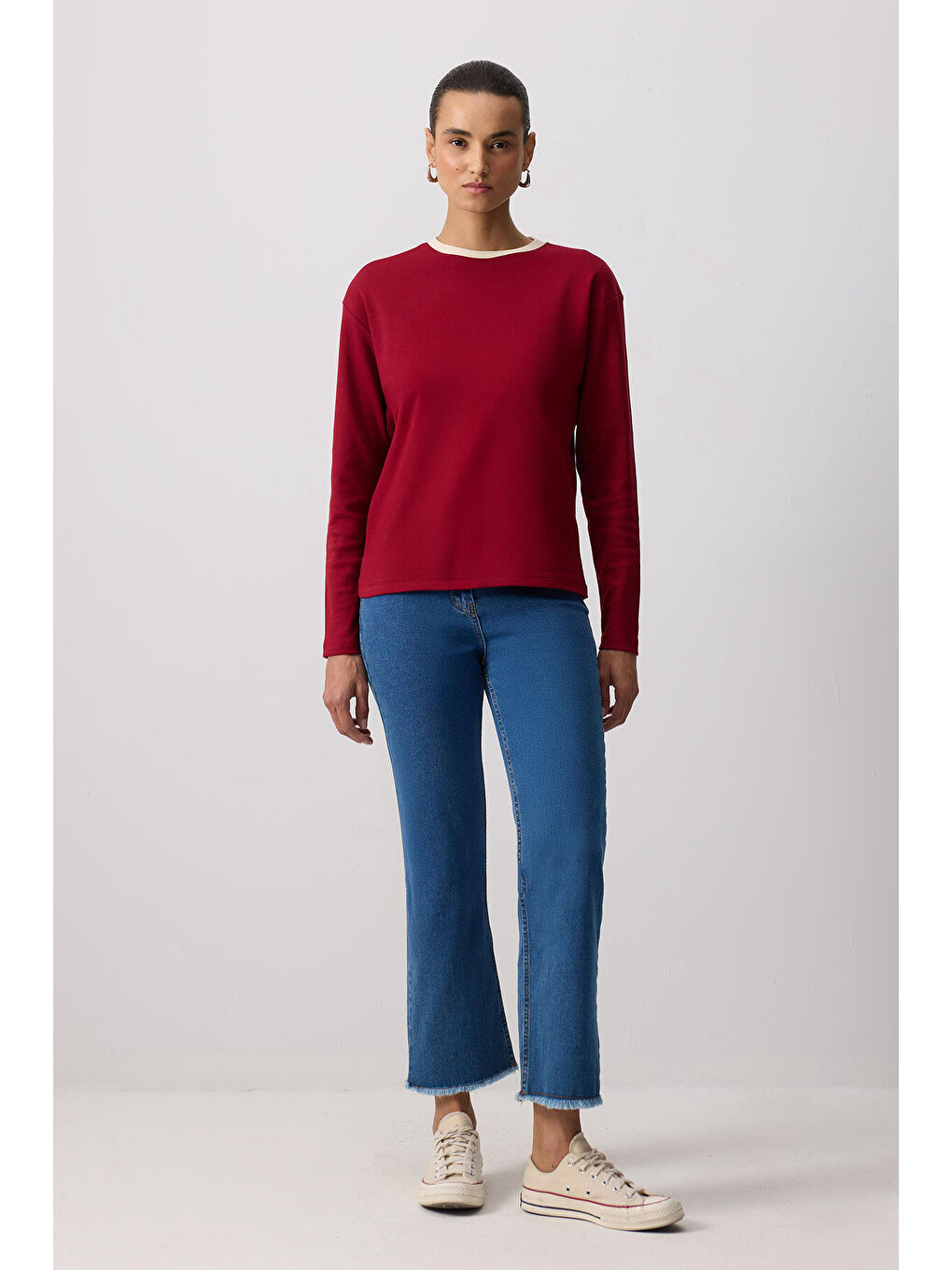 Bordo %100 Pamuklu Ribana Yaka T-Shırt