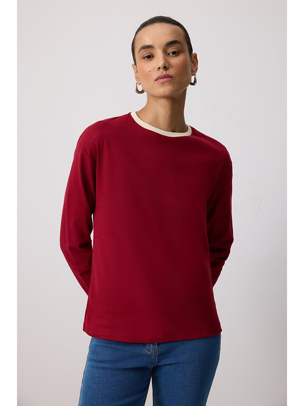 Bordo %100 Pamuklu Ribana Yaka T-Shırt-1