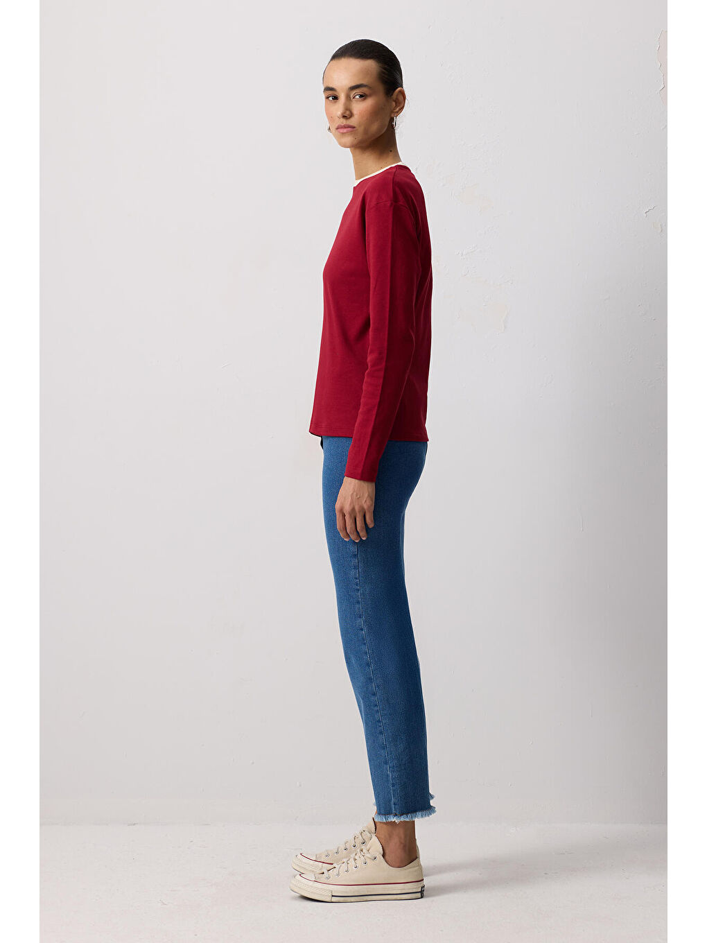 Bordo %100 Pamuklu Ribana Yaka T-Shırt-2