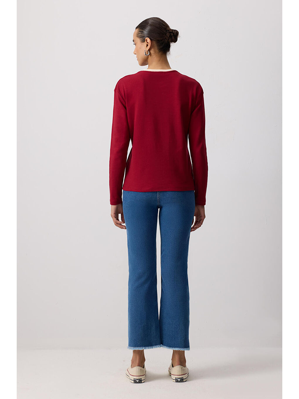 Bordo %100 Pamuklu Ribana Yaka T-Shırt-3