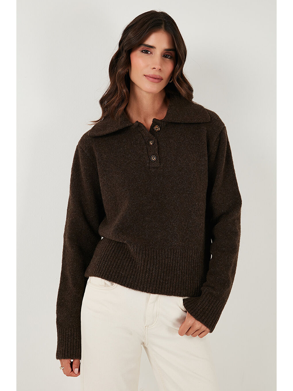 Kahverengi Yün Karışımlı Regular Fit Düğmeli Polo Yaka Kazak 4617019-1
