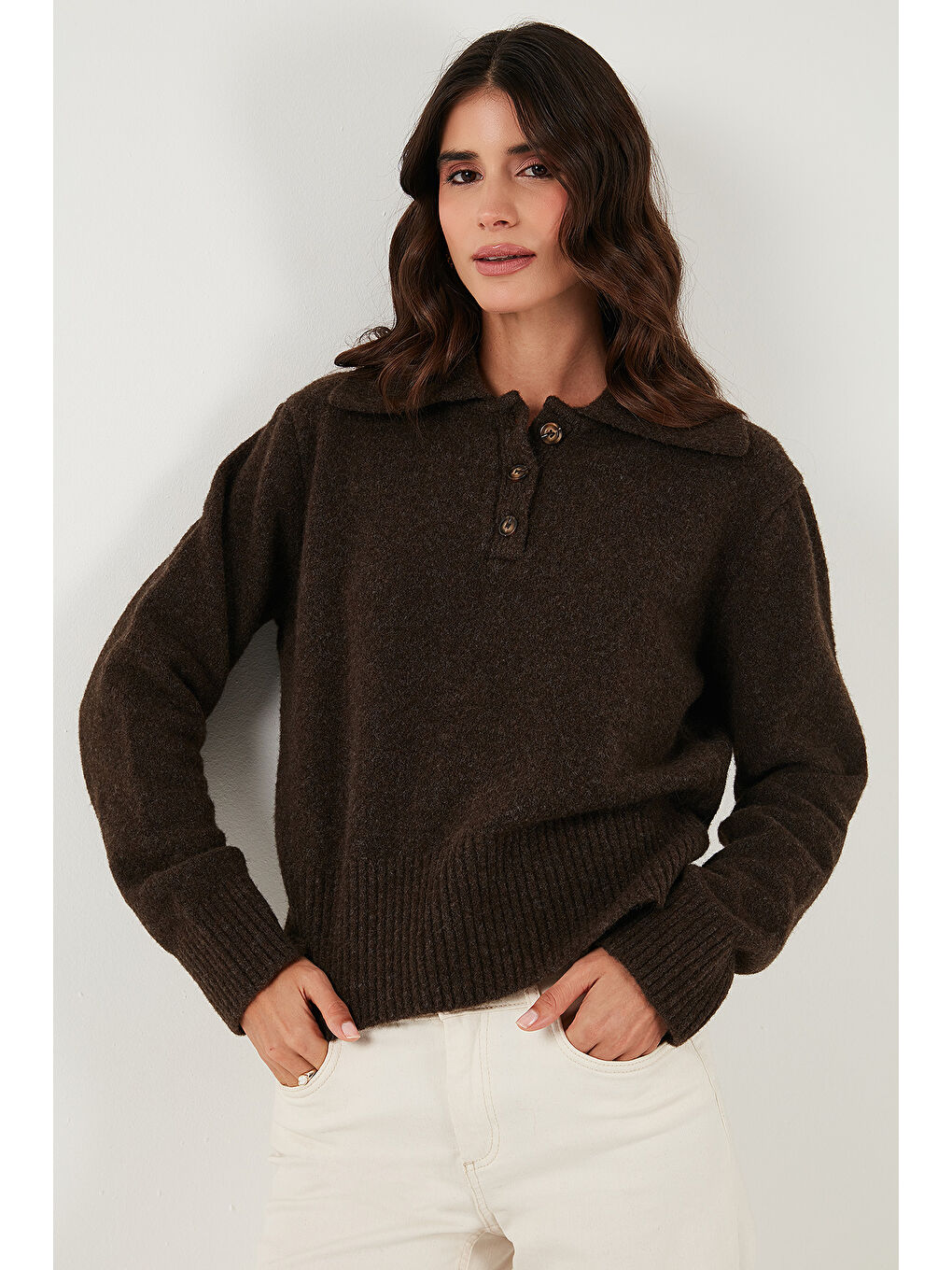 Kahverengi Yün Karışımlı Regular Fit Düğmeli Polo Yaka Kazak 4617019-2
