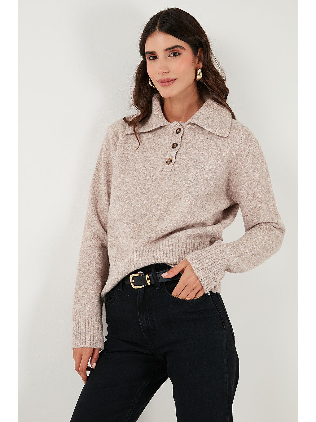 Bej Yün Karışımlı Regular Fit Düğmeli Polo Yaka Kazak 4617019