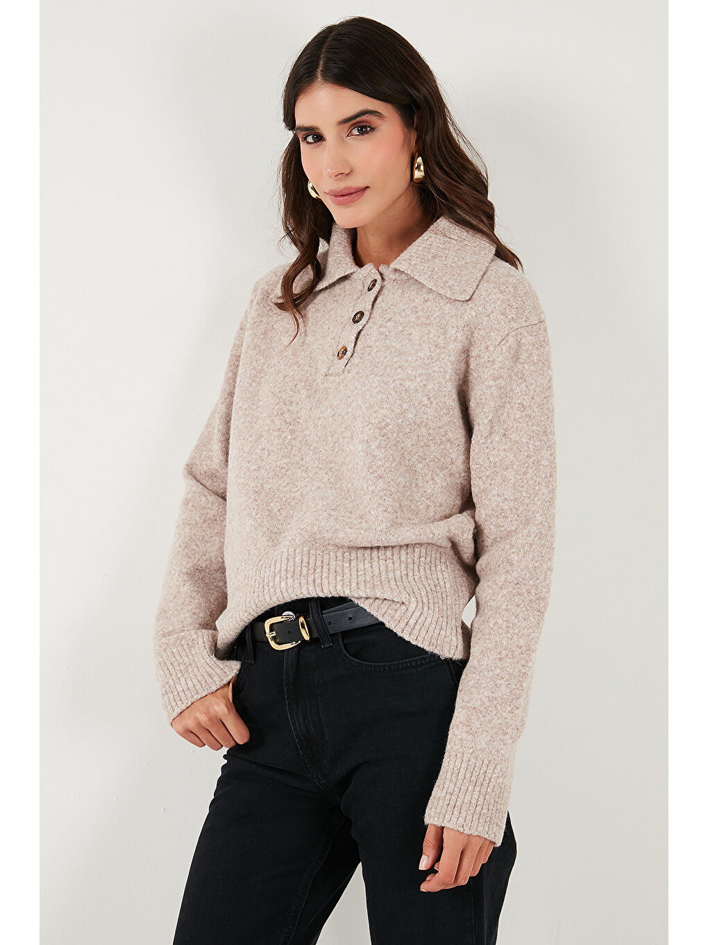 Bej Yün Karışımlı Regular Fit Düğmeli Polo Yaka Kazak 4617019-2