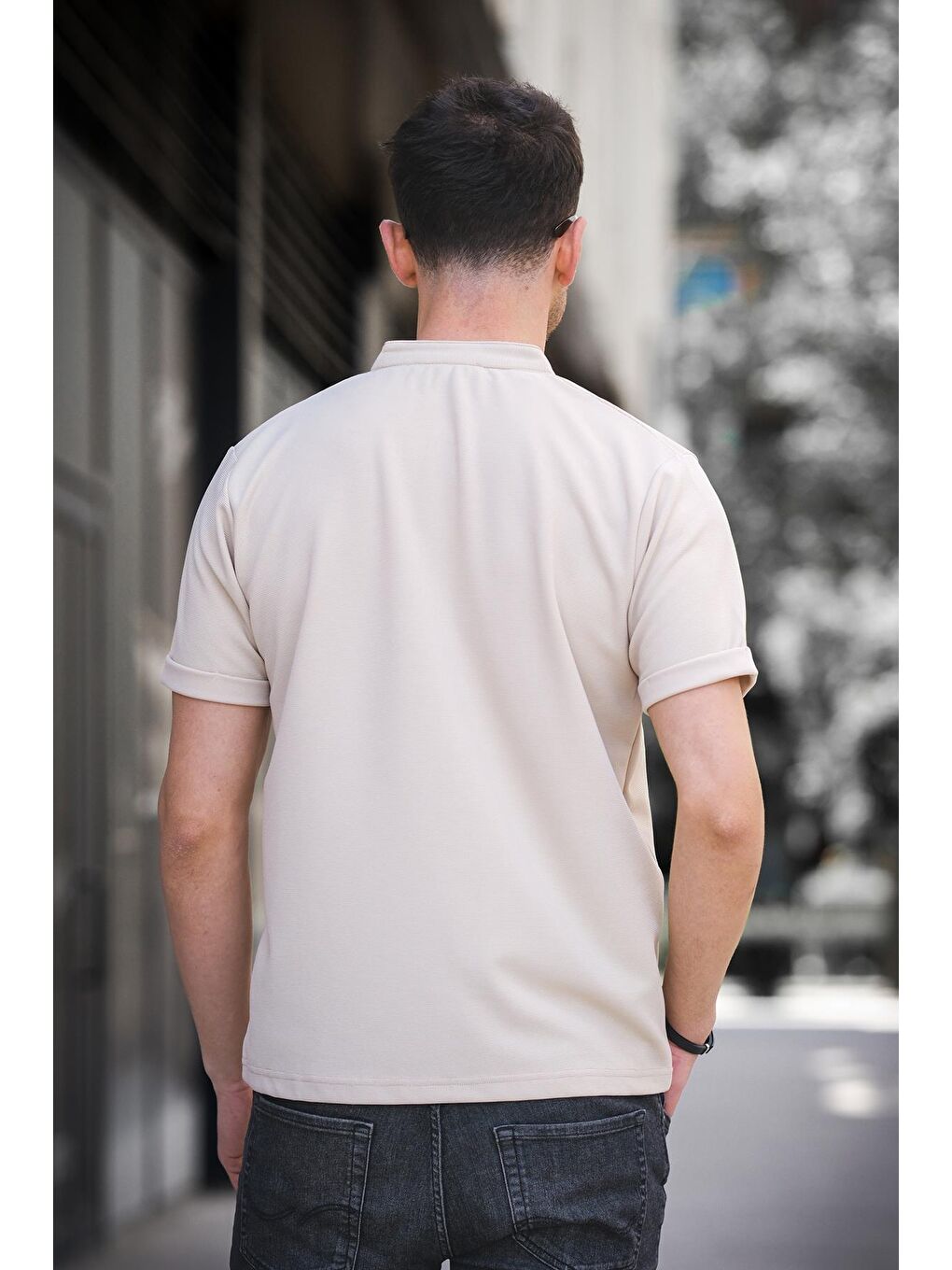 Ekru Cole Slim Fit Esnek Elastanlı Yarım Düğmeli Kısa Kol Hakim Yaka Erkek Tişört-3