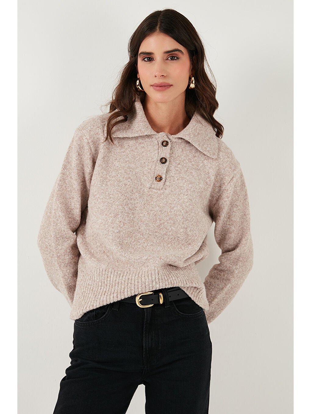 Bej Yün Karışımlı Regular Fit Düğmeli Polo Yaka Kazak 4617019-3