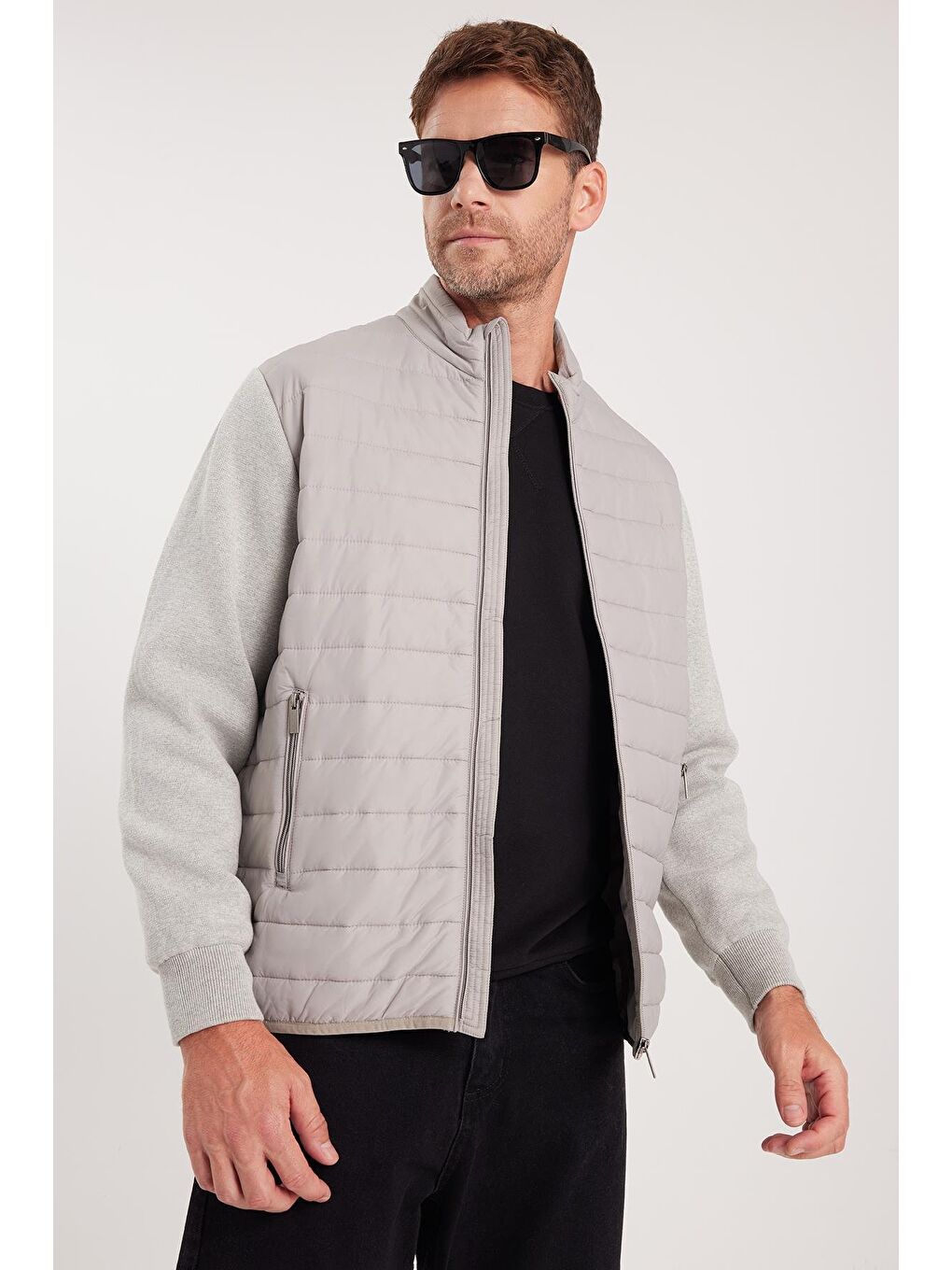 Erkek Relax Fit Rahat Kesim Kapitone Kollar Triko Çift Cepli Sıcak Tutan Bej Mont