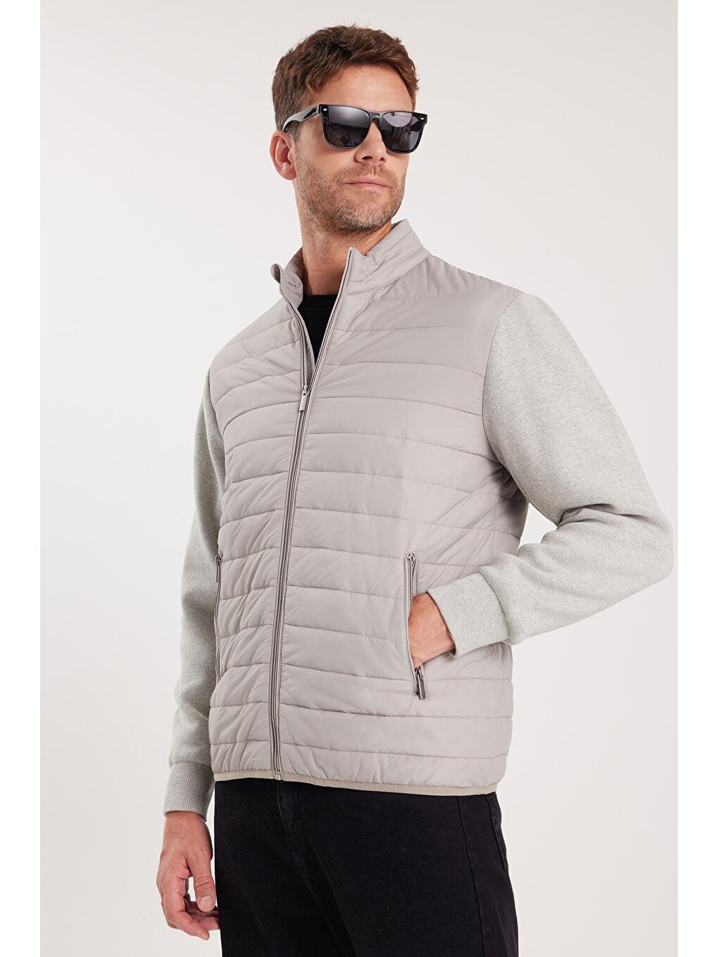 Erkek Relax Fit Rahat Kesim Kapitone Kollar Triko Çift Cepli Sıcak Tutan Bej Mont-3