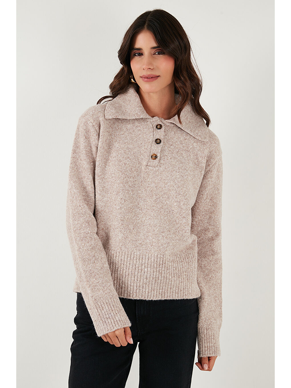 Bej Yün Karışımlı Regular Fit Düğmeli Polo Yaka Kazak 4617019-4