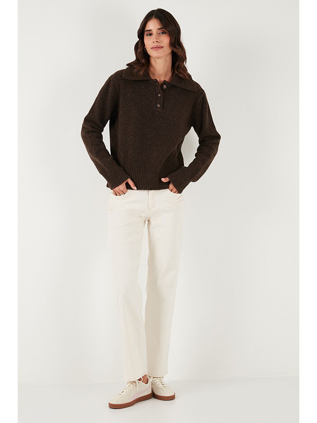 Kahverengi Yün Karışımlı Regular Fit Düğmeli Polo Yaka Kazak 4617019-4