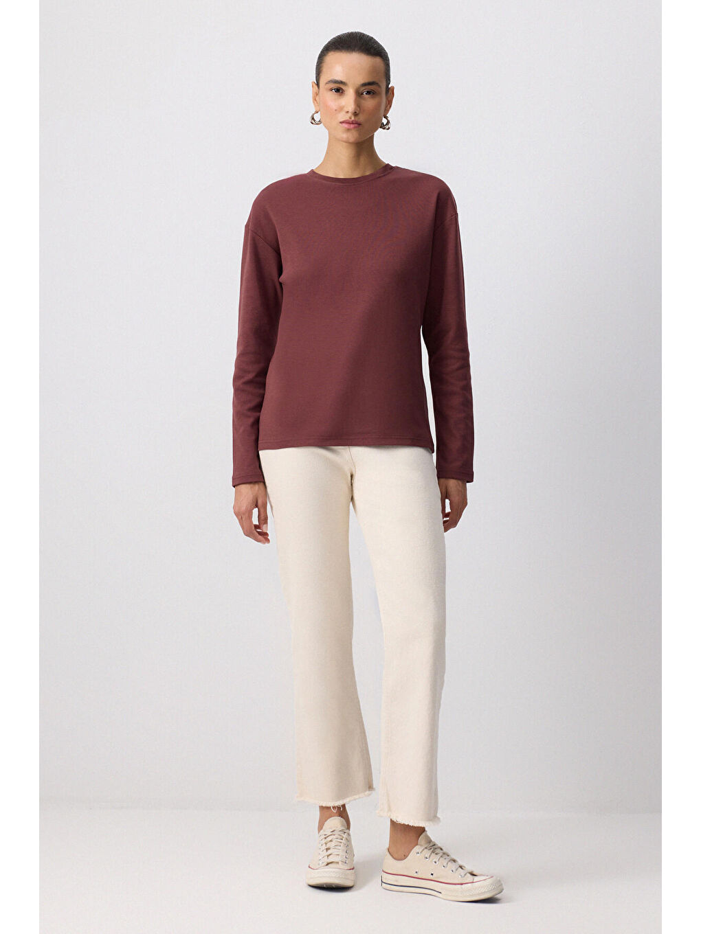 Kahverengi %100 Pamuklu Uzun Kollu T-Shırt