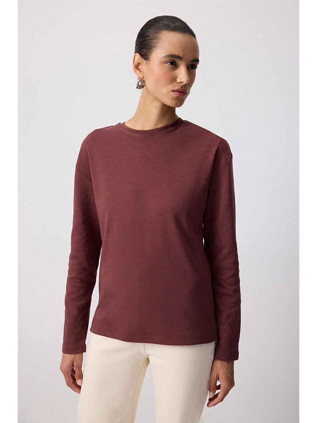 Kahverengi %100 Pamuklu Uzun Kollu T-Shırt-1