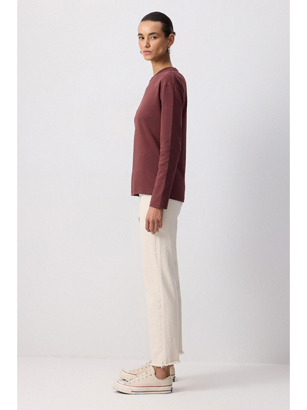 Kahverengi %100 Pamuklu Uzun Kollu T-Shırt-2