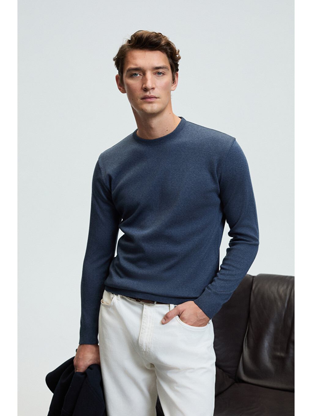 Varex Erkek Yuvarlak Yaka Basic Slim Fit Triko Mavi Kazak