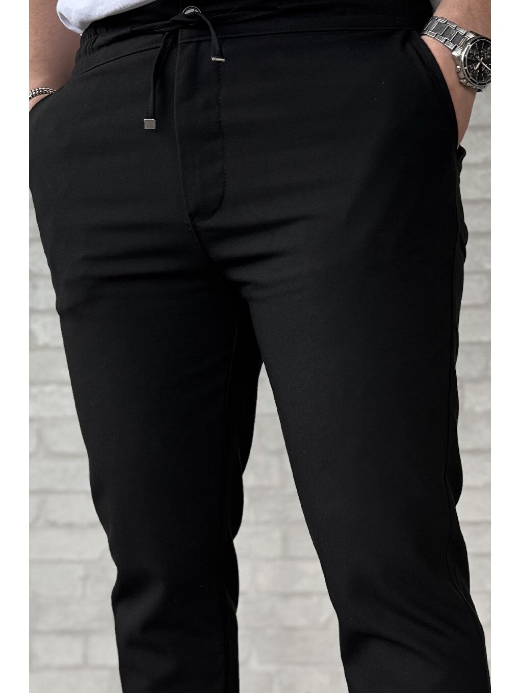 Siyah Bel Bağcıklı Erkek Jogger Pantolon-3