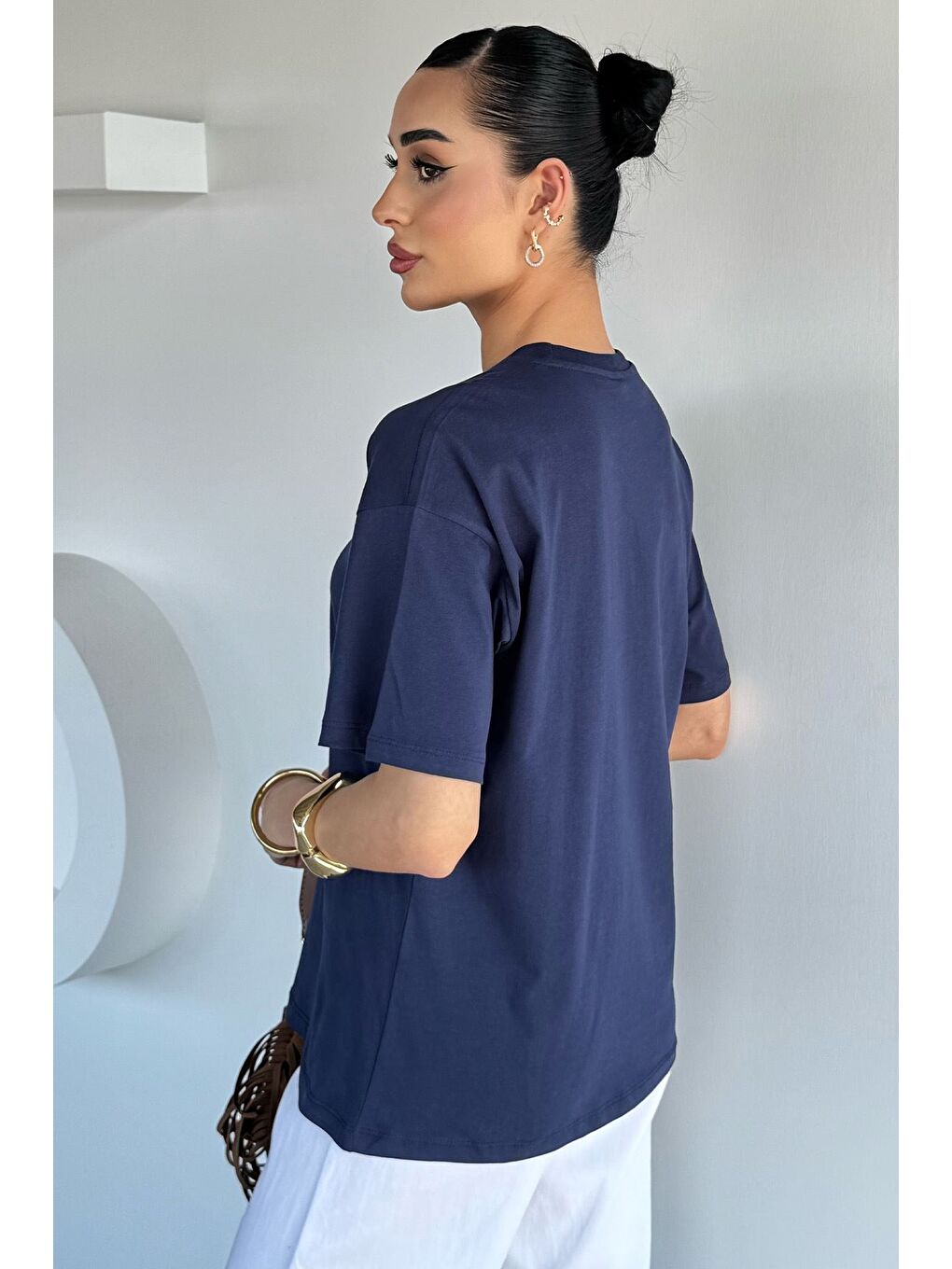 Lacivert Kadın Baskılı Bisiklet Yaka Tişört-3
