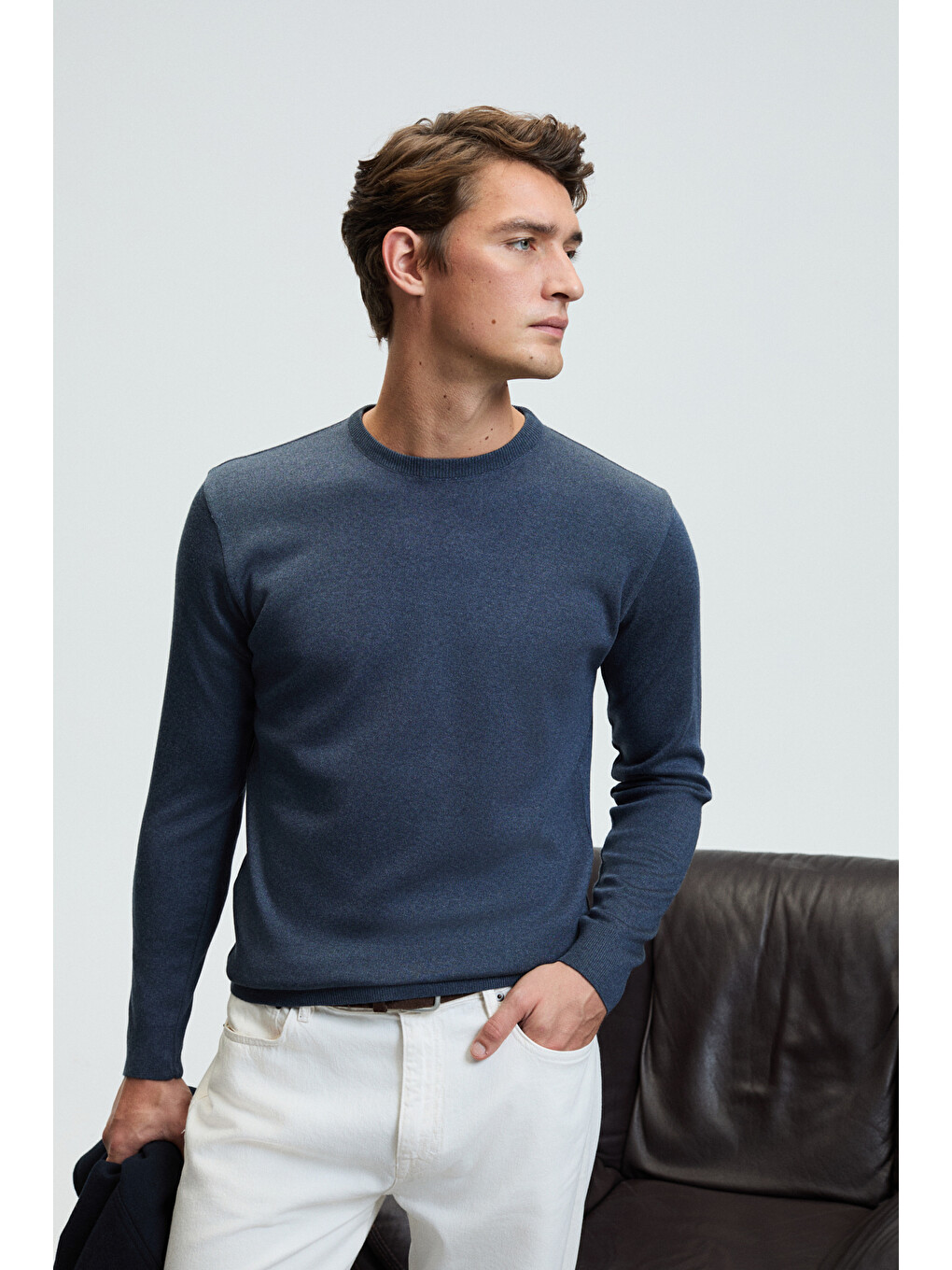 Varex Erkek Yuvarlak Yaka Basic Slim Fit Triko Mavi Kazak-1