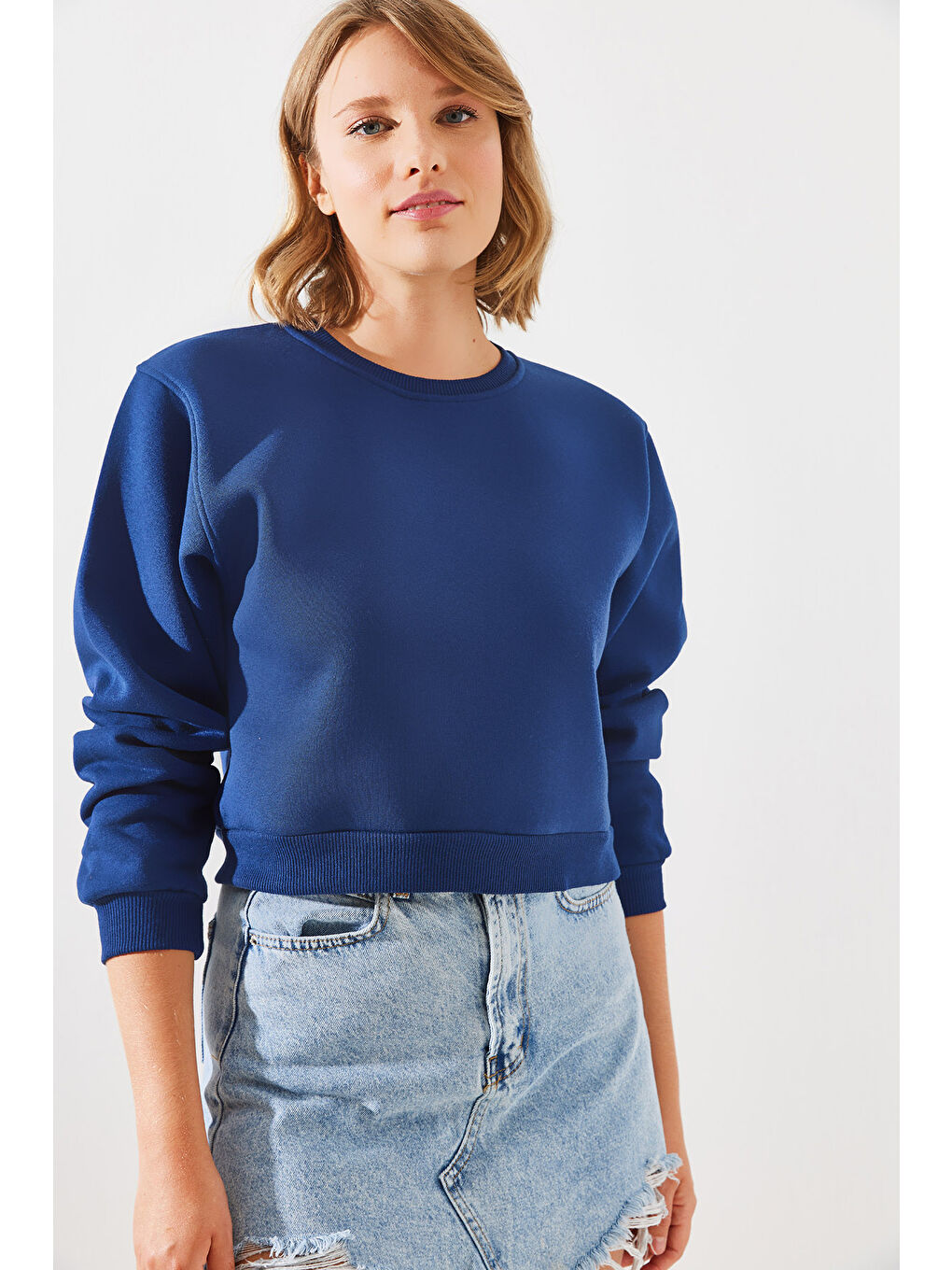 SHADE Lacivert Kadın Bisiklet Yaka Şardonlu Basic Crop Sweatshirt - 1