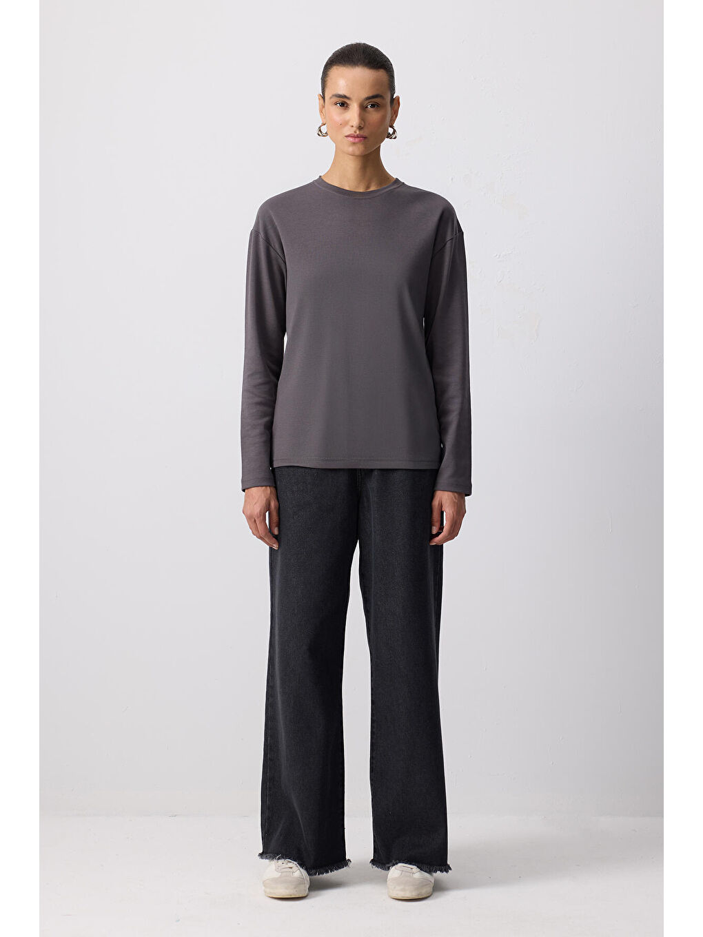Antrasit %100 Pamuklu Uzun Kollu T-Shırt