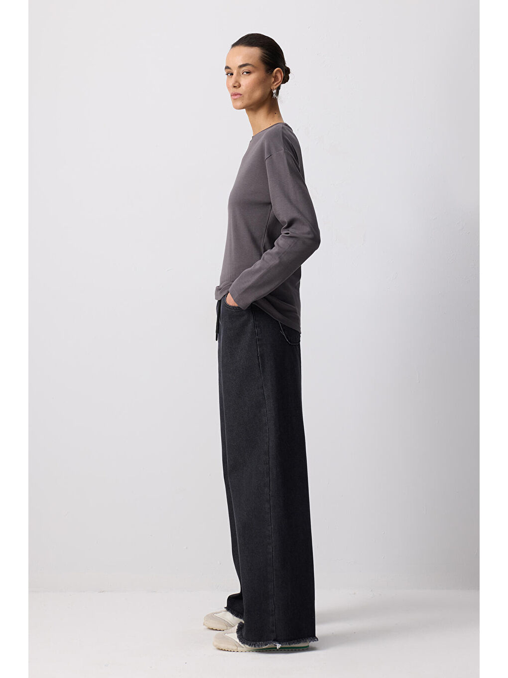 Antrasit %100 Pamuklu Uzun Kollu T-Shırt-2