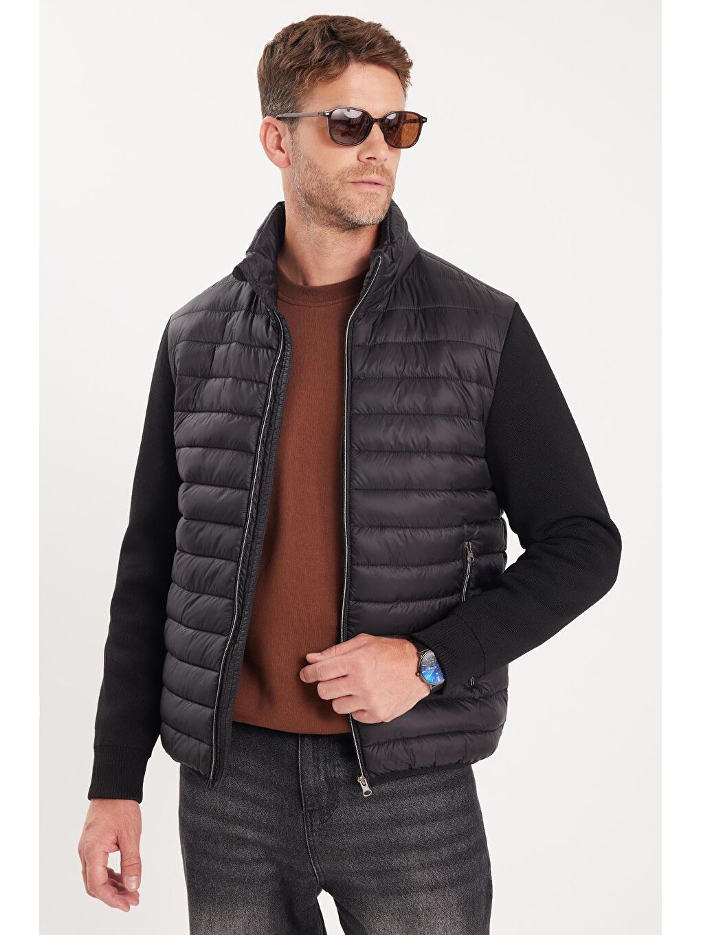 Erkek Relax Fit Rahat Kesim Kapitone Kollar Triko Çift Cepli Sıcak Tutan Siyah Mont-3