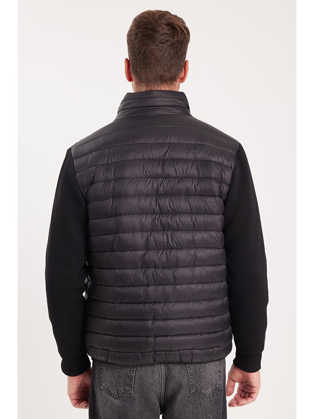 Erkek Relax Fit Rahat Kesim Kapitone Kollar Triko Çift Cepli Sıcak Tutan Siyah Mont-6