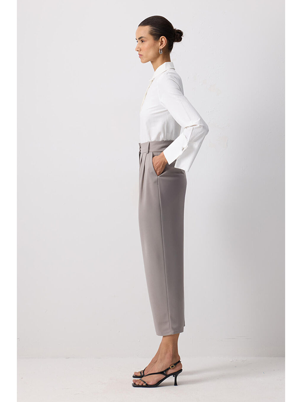 Gri Çift Pileli Bol Pantolon-1