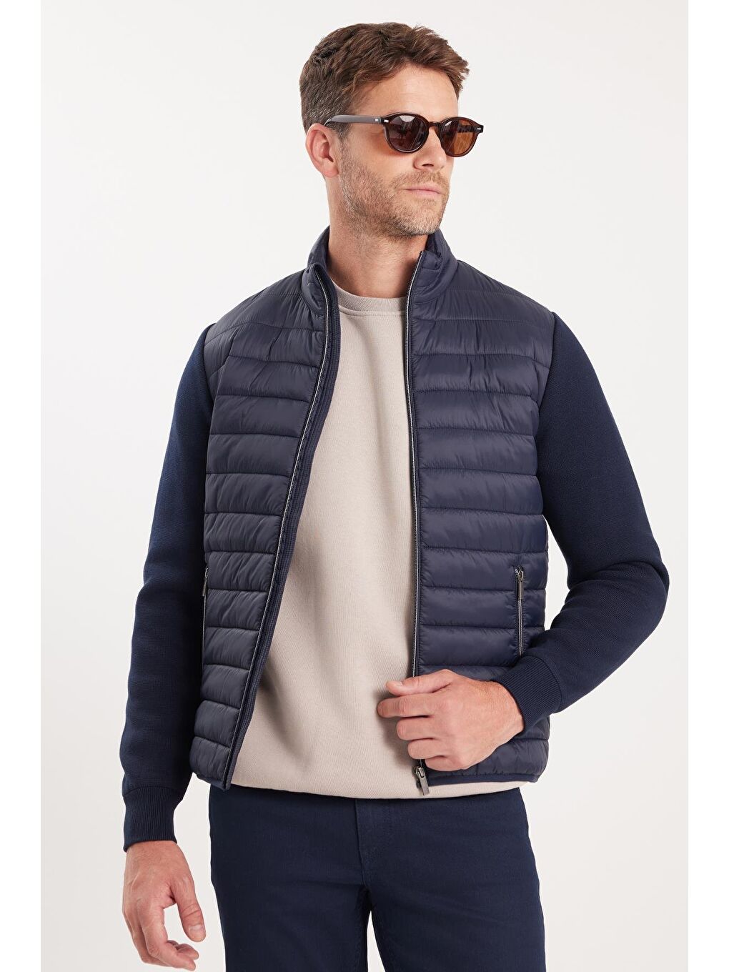 Erkek Relax Fit Rahat Kesim Kapitone Kollar Triko Çift Cepli Sıcak Tutan Lacivert Mont-1