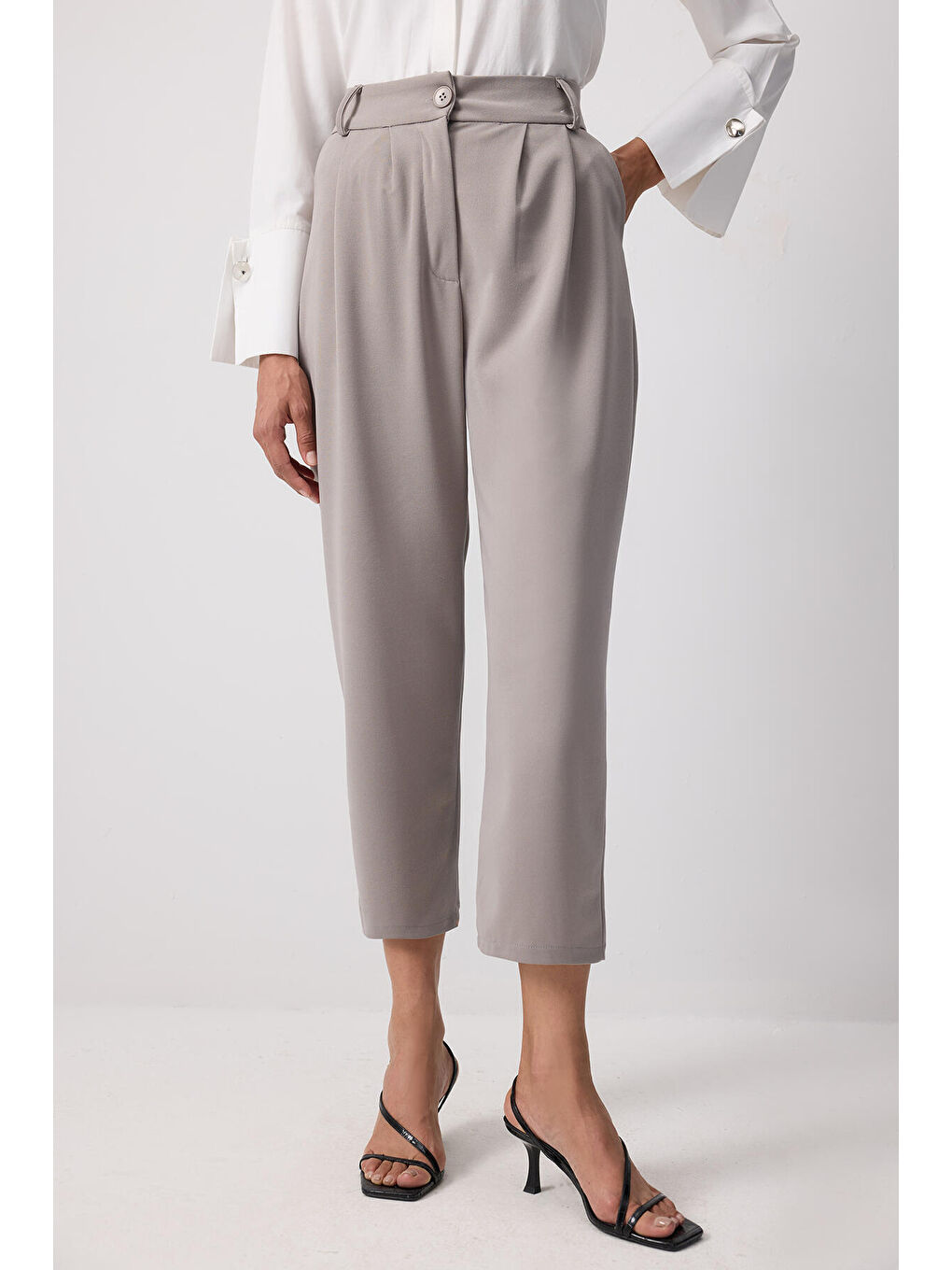 Gri Çift Pileli Bol Pantolon-3