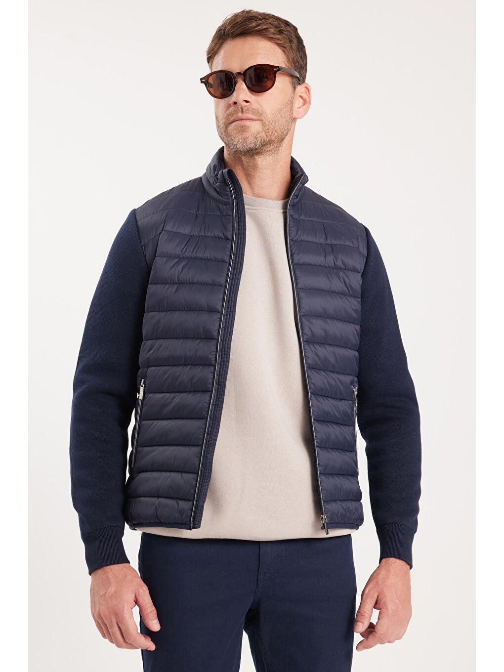 Erkek Relax Fit Rahat Kesim Kapitone Kollar Triko Çift Cepli Sıcak Tutan Lacivert Mont-3