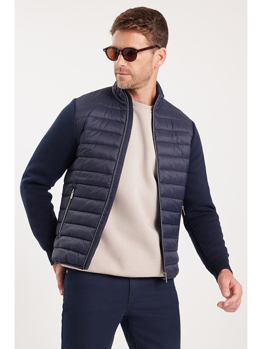 Erkek Relax Fit Rahat Kesim Kapitone Kollar Triko Çift Cepli Sıcak Tutan Lacivert Mont-4