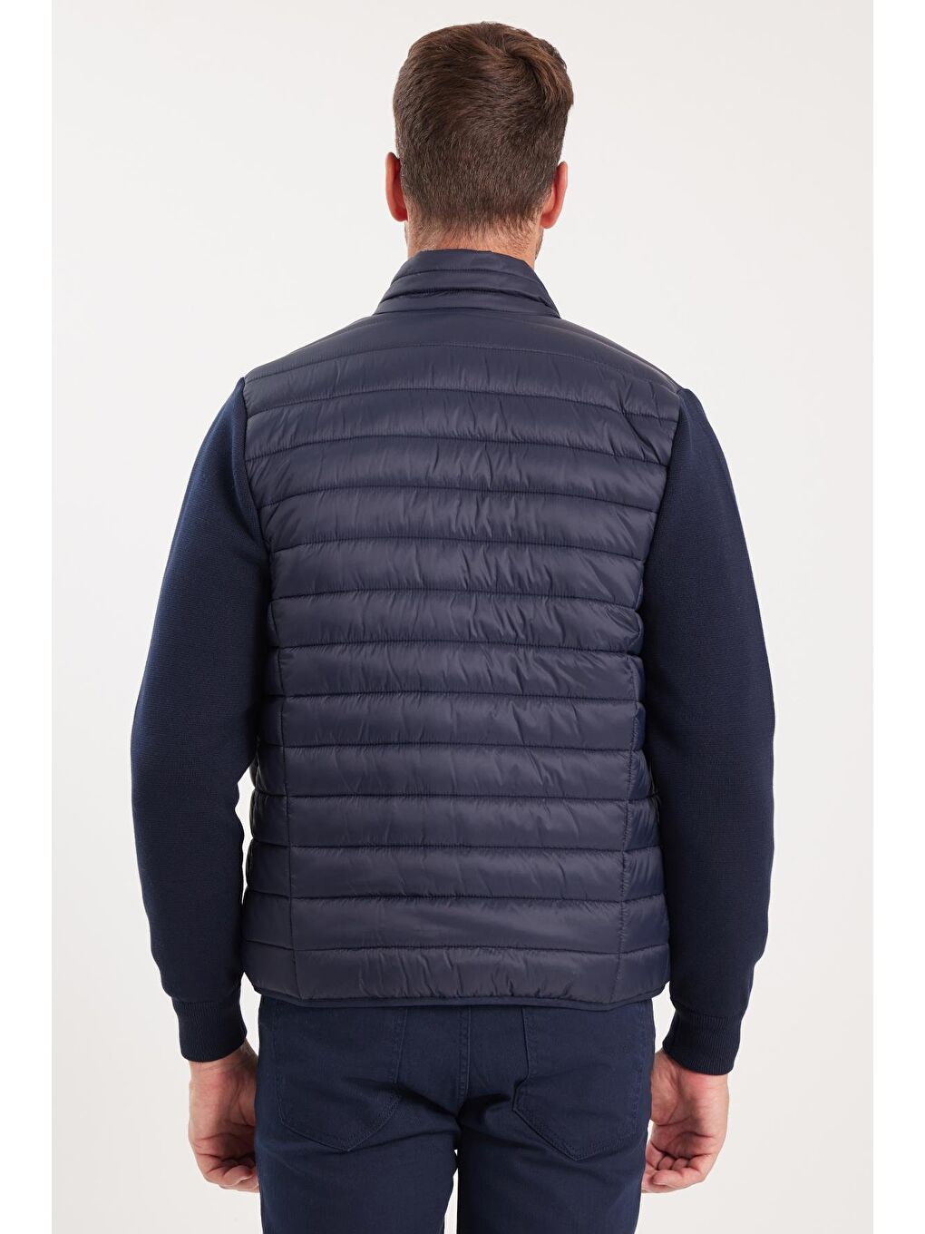 Erkek Relax Fit Rahat Kesim Kapitone Kollar Triko Çift Cepli Sıcak Tutan Lacivert Mont-6