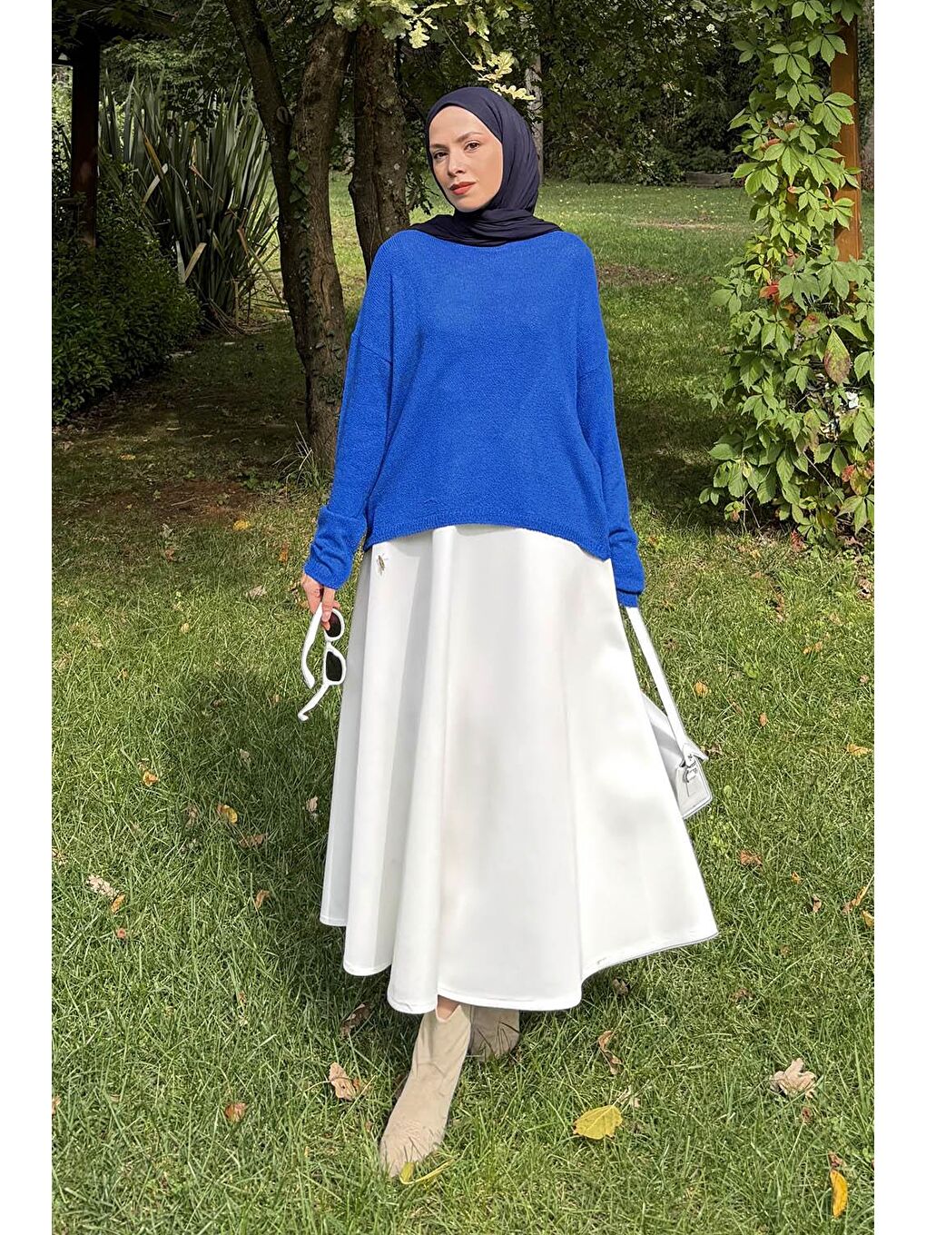 Kayık Yaka Triko Kazak Saks Mavisi