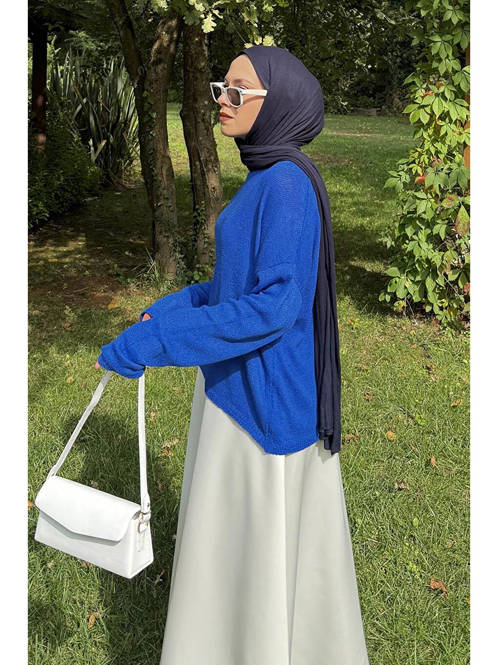 Kayık Yaka Triko Kazak Saks Mavisi-1