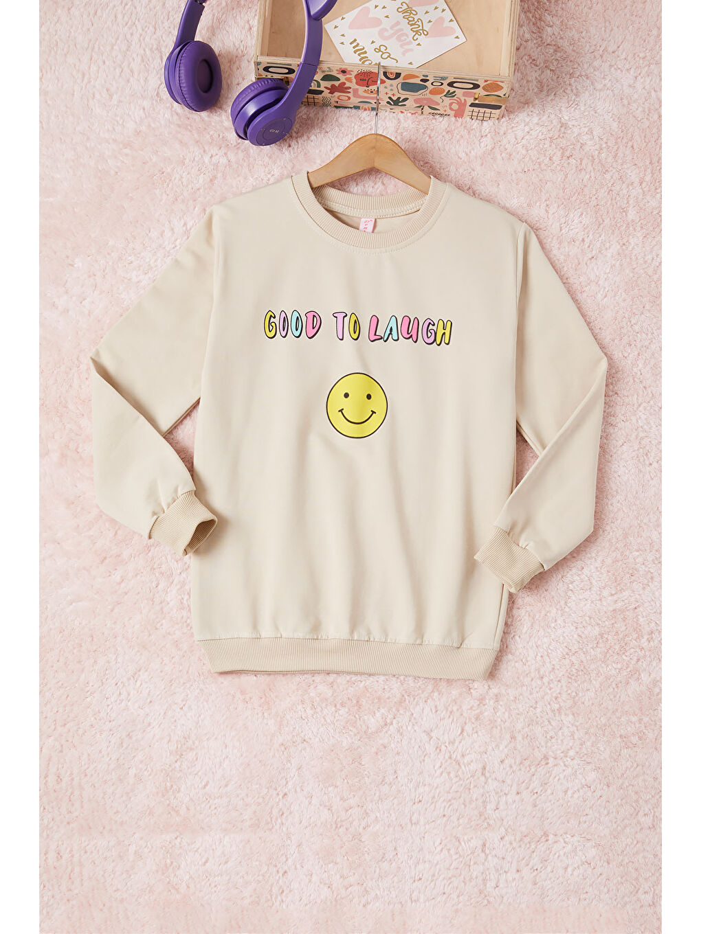 Pembe Life Kids Club Ekru Krem Gülen Yüz Sırtı Baskılı Kız Çocuk Sweatshirt 16705