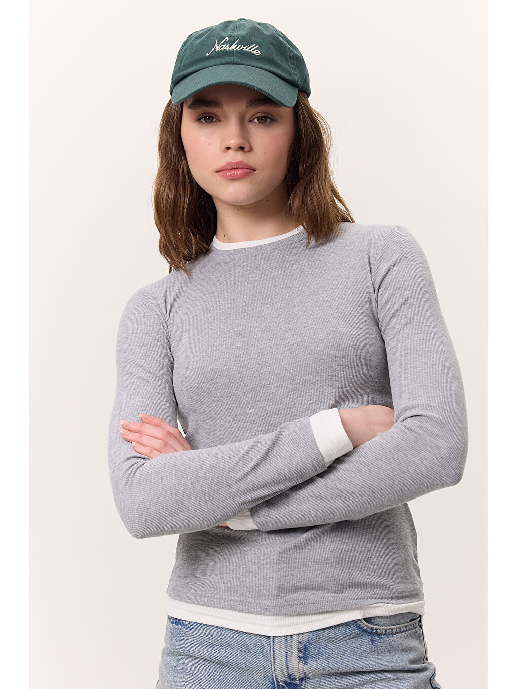 Uzun Kollu Garnili Body Gri Melanj