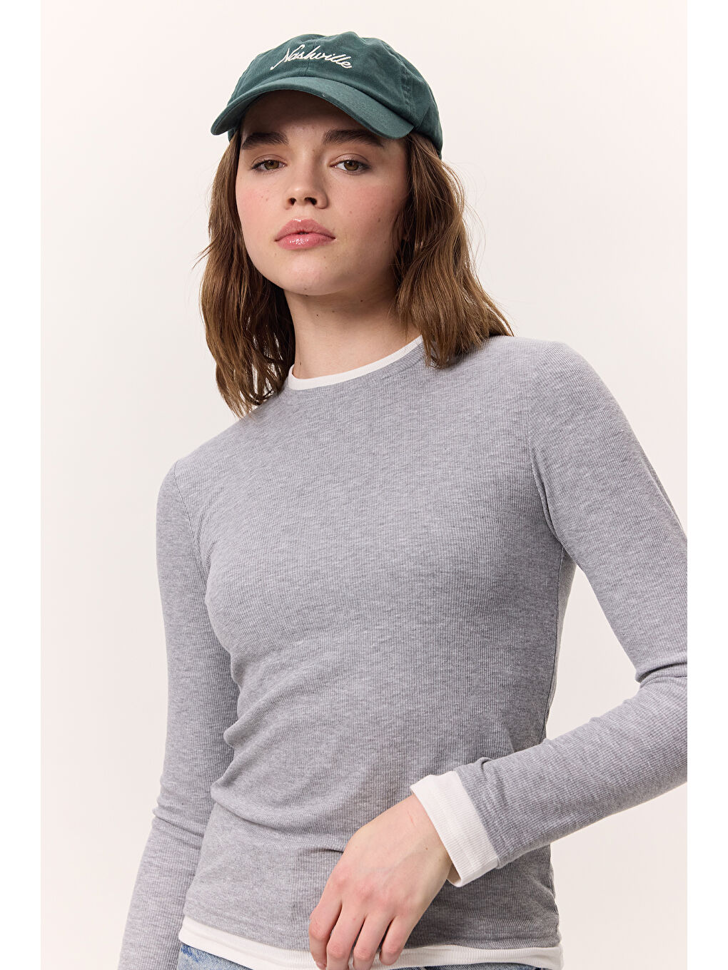 Uzun Kollu Garnili Body Gri Melanj-1