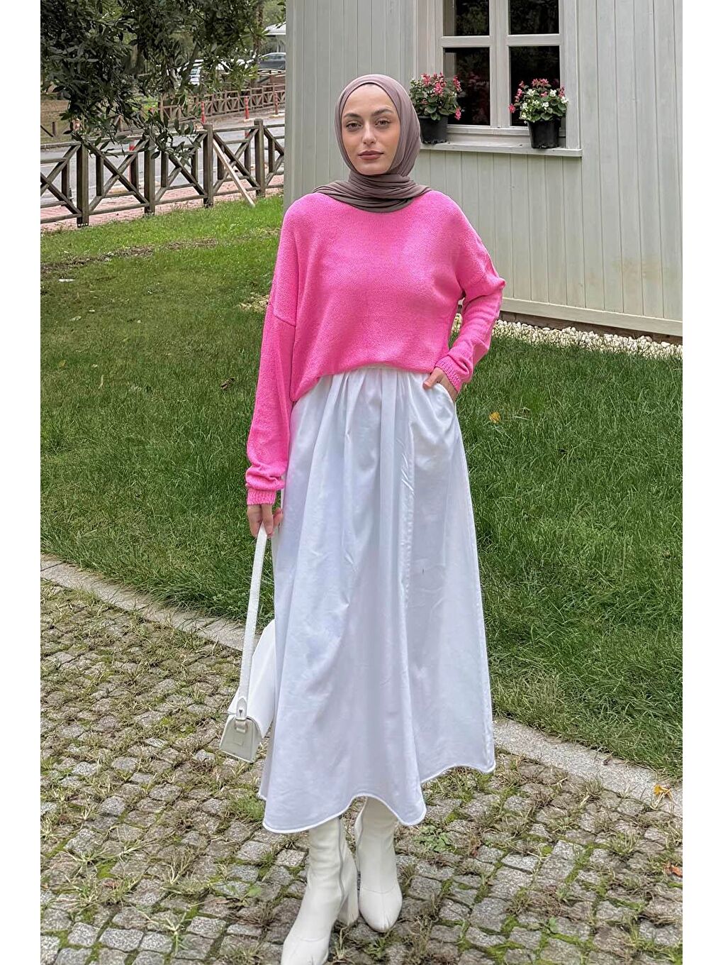 Kayık Yaka Triko Kazak Pembe